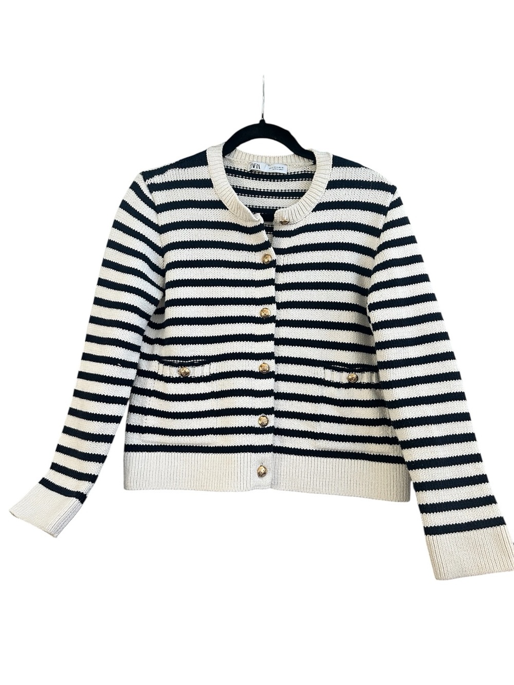 Zara Striped Knit Cardigan Sweater Women’s Size Small Gold Anchor Buttons